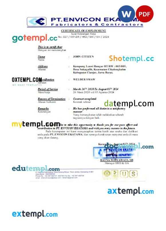 Indonesia PT Envicon Ekatama certificate of employment Word and PDF download template