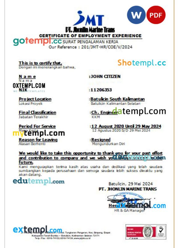 Indonesia PT Jhonlin Marine Trans certificate of employment experience Word and PDF download template