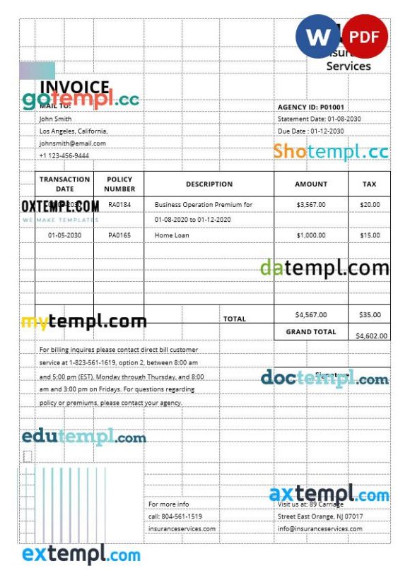 Insurance Agency Invoice example in word and pdf format