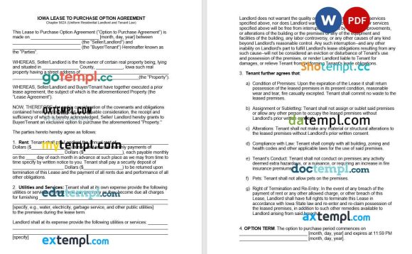 Iowa Lease to Own Option to Purchase Agreement Word example, fully editable