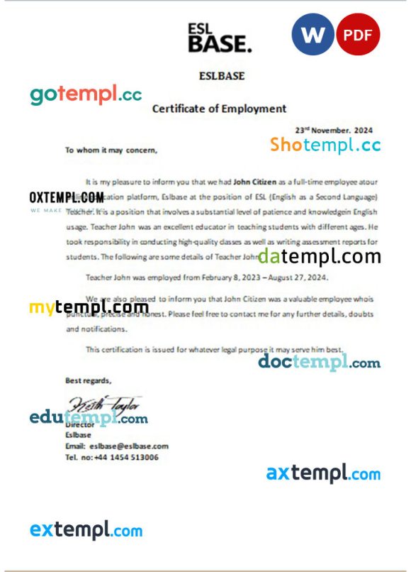 Iran Eslbase certificate of employment Word and PDF download template
