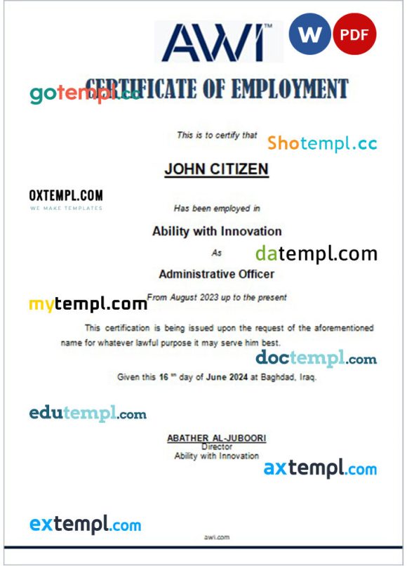 Iraq Ability with Innovation certificate of employment Word and PDF download template