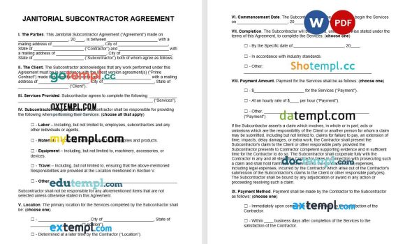 Janitorial Subcontractor Agreement Word example, fully editable