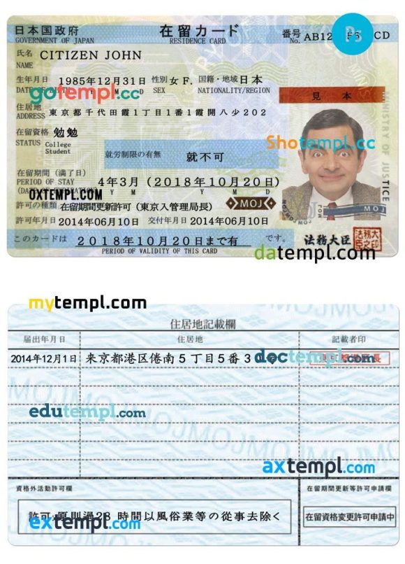 Japanese residence permit PSD example, completely editable