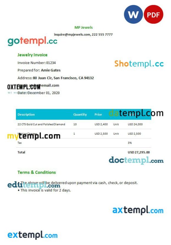 Jewelry Invoice example in word and pdf format