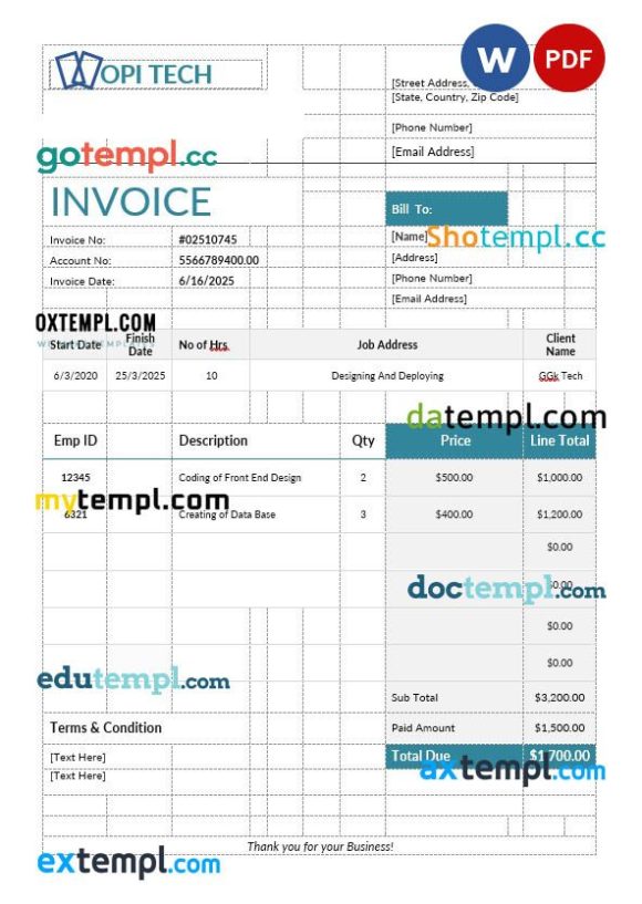 Job Invoice example in word and pdf format