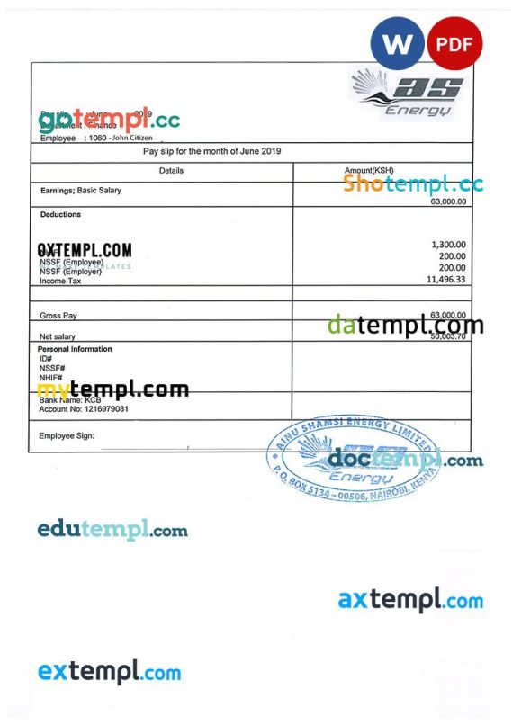 KENYA AINU Shamsi Energy Limited payslip example in Word and PDF formats