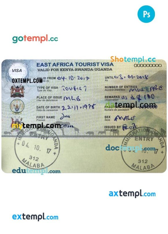 Kenyan-Rwanda-Uganda tourist visa PSD example, fully editable