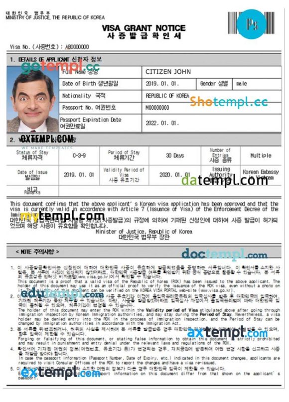 Korea electronic travel visa PSD example, fully editable