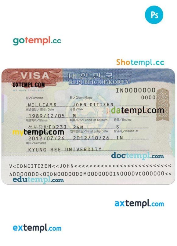 Korea travel visa PSD example, completely editable, with fonts
