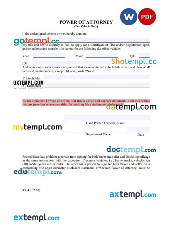 Kansas Motor Vehicle Power of Attorney example, fully editable