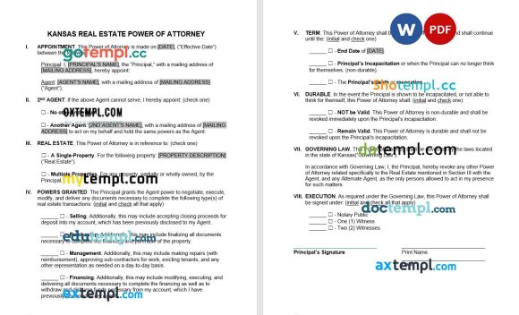 Kansas Real Estate Power of Attorney Form example, fully editable