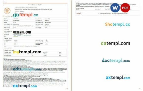 Karnataka State Road Transport Corporation bus e-ticket, Word and PDF download template, 2 pages, version 2