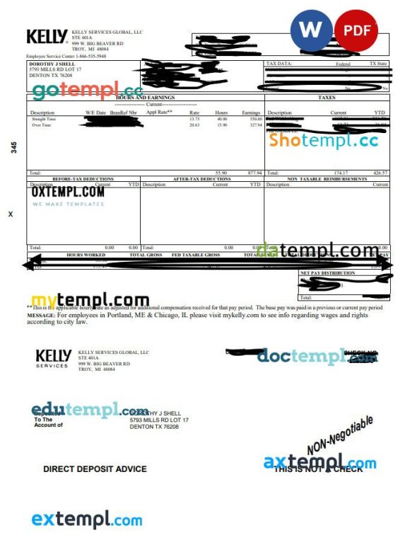Kelly services paystub Word and PDF example