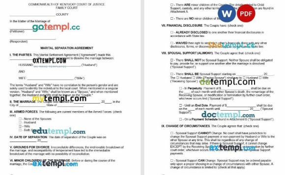 Kentucky Marital Settlement Agreement Word example, fully editable