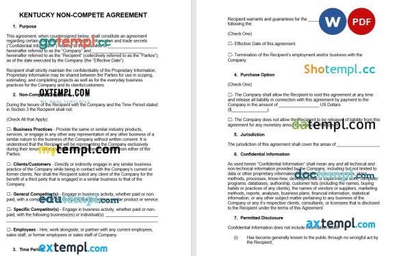 Kentucky Non-Compete Agreement example, fully editable