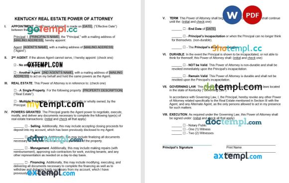 Kentucky Real Estate Power of Attorney Form example, fully editable