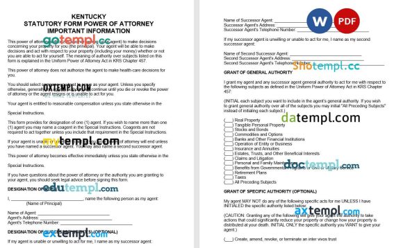 Kentucky Statutory Durable Power of Attorney Form example, fully editable