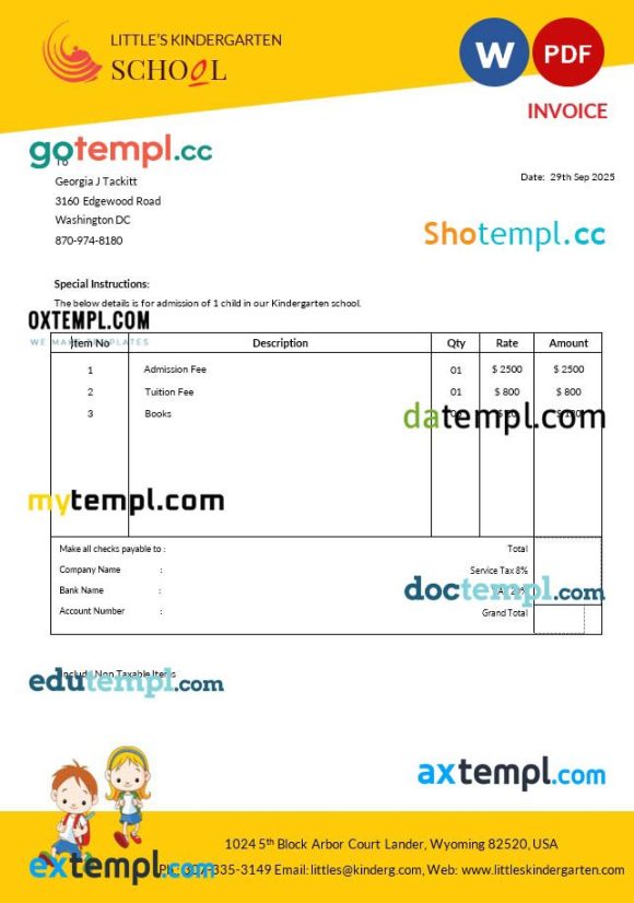 Kindergarten School Invoice example in word and pdf format