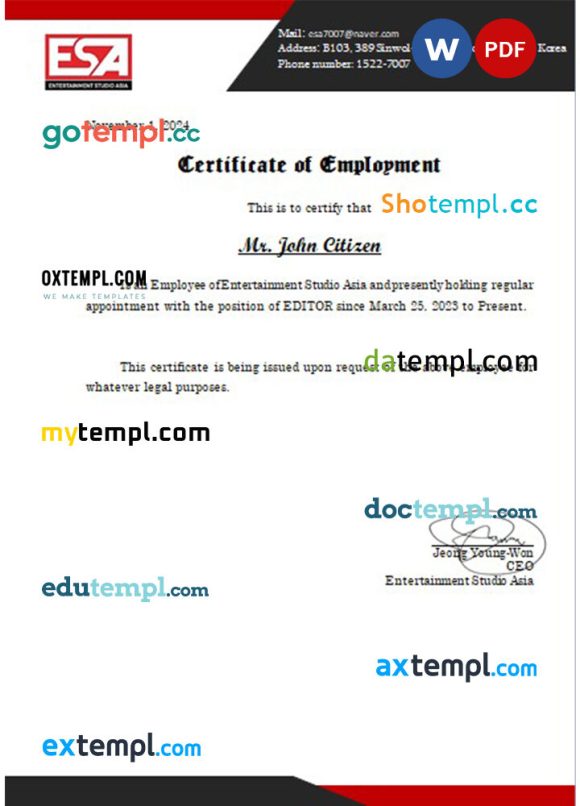 Korea Entertainment Studio Asia certificate of employment Word and PDF download template