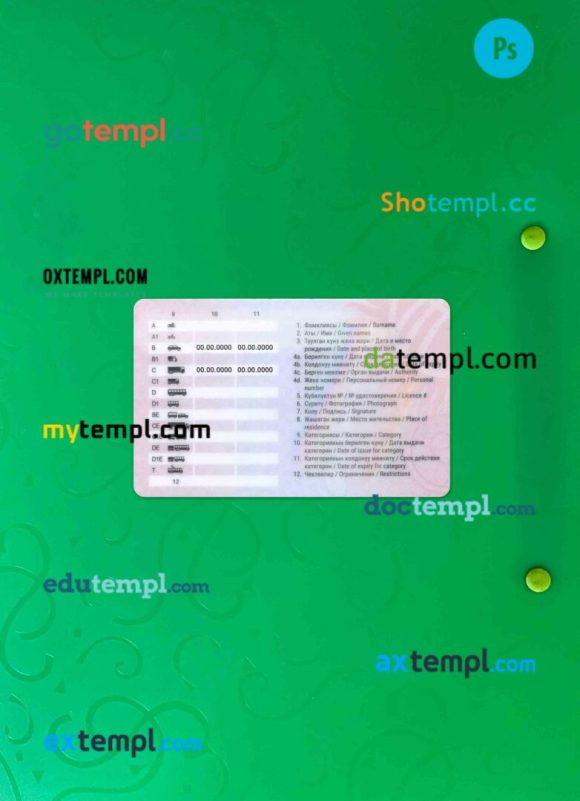 Kyrgyzstan driving license editable PSD files, scan look and photo-realistic look, 2 in 1 (2019-present) - Image 2