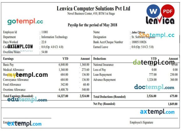 LENVICA computer solutions Pvt Ltd payslip pay stub example in Word and PDF formats