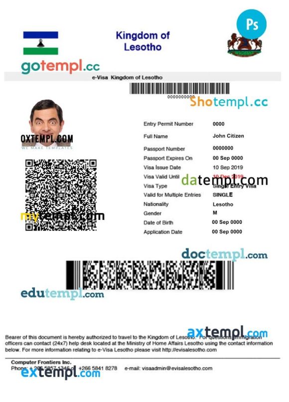 Lesotho electronic visa PSD example, completely editable, with fonts