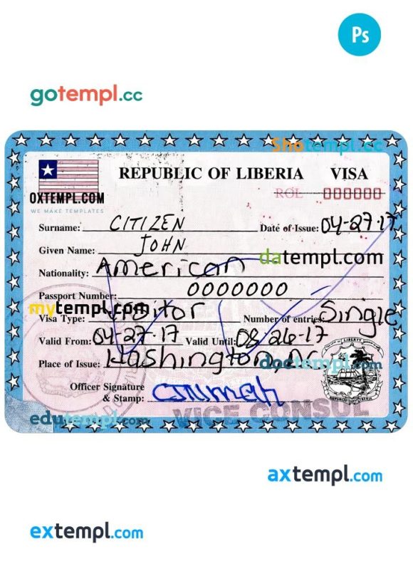 Liberian tourist visa PSD example, with fonts