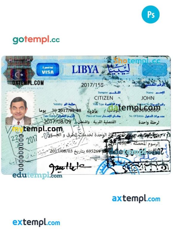 LIBYA travel visa PSD example, with fonts