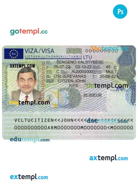 Lithuanian Schengen visa from Lithuaniann embassy, PSD example, 2022