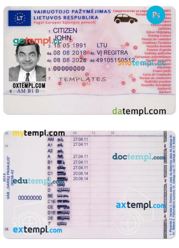 Lithuanian driver license PSD template, 2013 - present