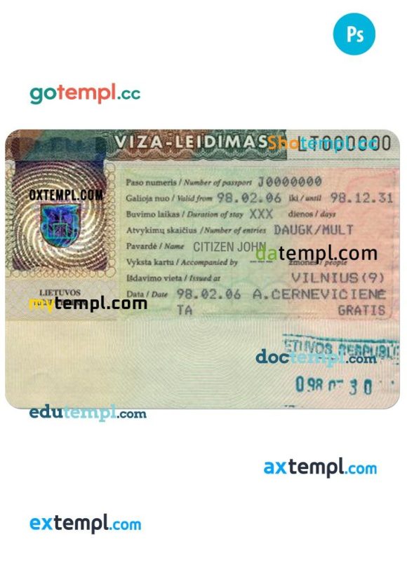 Lithuanian travel visa PSD example, fully editable