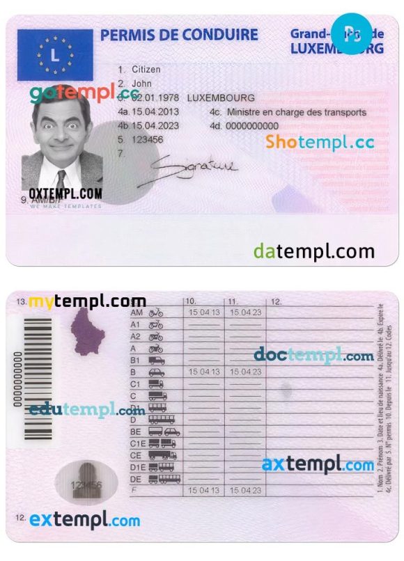 Luxembourg driver license PSD template