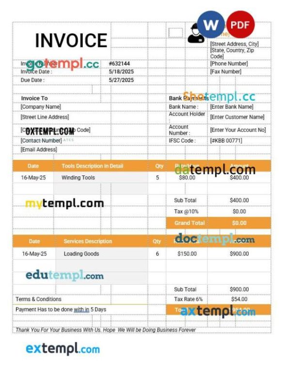 Labour Invoice example in word and pdf format