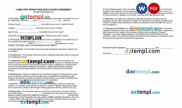 Landlord Tenant Confidentiality Agreement Word example, fully editable
