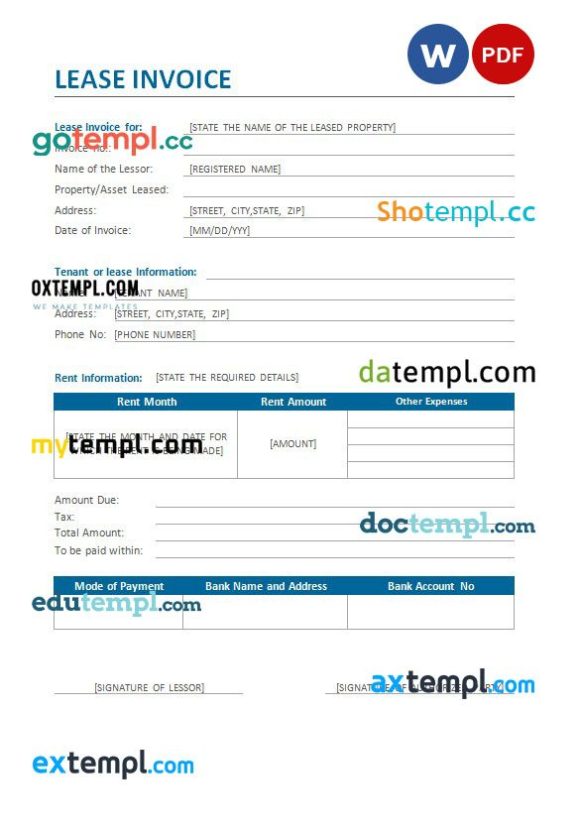 lease invoice example in word and pdf format