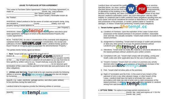 Lease to Own Option to Purchase Agreement Word example, fully editable