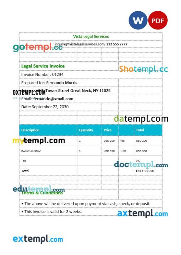 Legal Services Invoice example in word and pdf format
