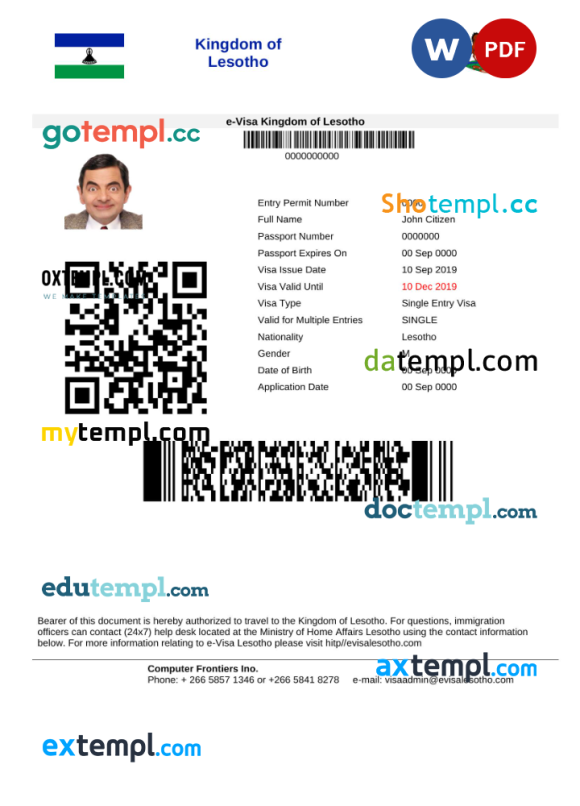 Lesotho e-visa Word and PDF example