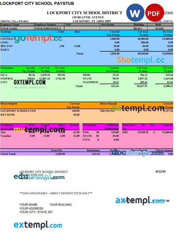 Lockport City School pay stub Word and PDF example