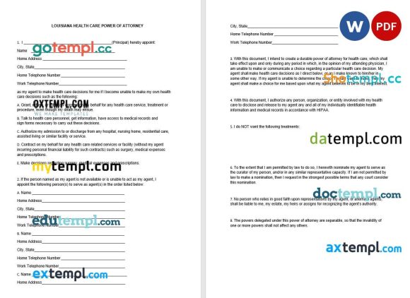 Louisiana Health Care Power of Attorney Form example, fully editable