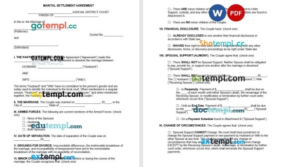 Louisiana Marital Settlement Agreement Word example, fully editable
