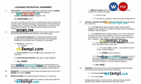Louisiana Postnuptial Agreement Word example, completely editable