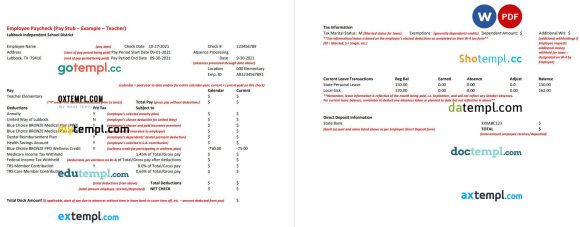 Lubbock Independent School District teacher pay stub Word and PDF example