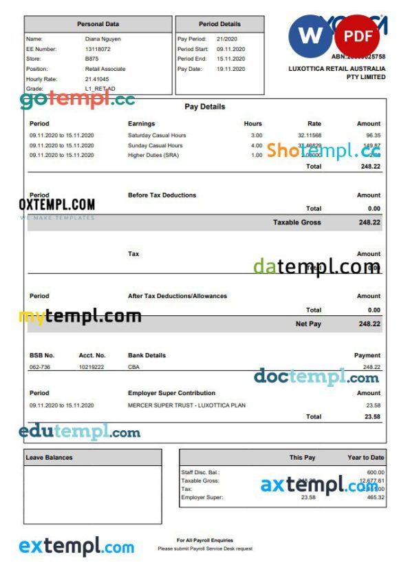 Luxottica Retail Paystub Word and PDF example