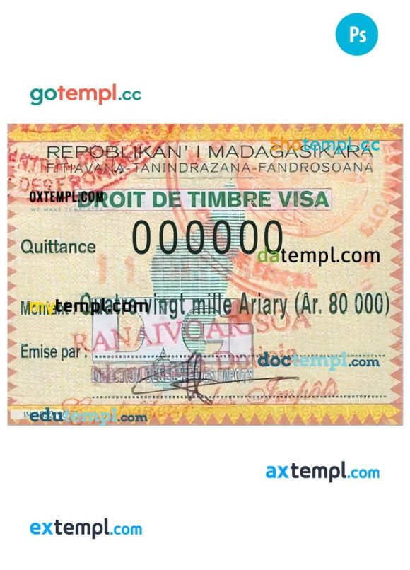 Malagasy travel visa PSD example, with fonts
