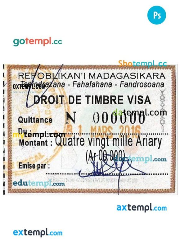 Malagasy visa stamp PSD example, with fonts