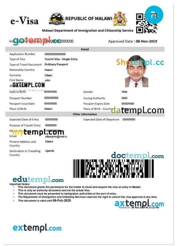 Malawian travel visa PSD example, fully editable