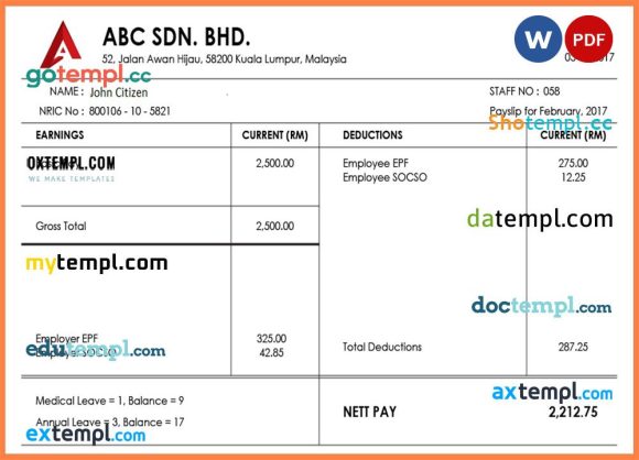 MALAYSIA ABC SDN. BHD. pay stub Word and PDF example