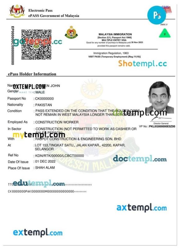 Malaysian e-pass multiple entry visa PSD example, completely editable, with fonts